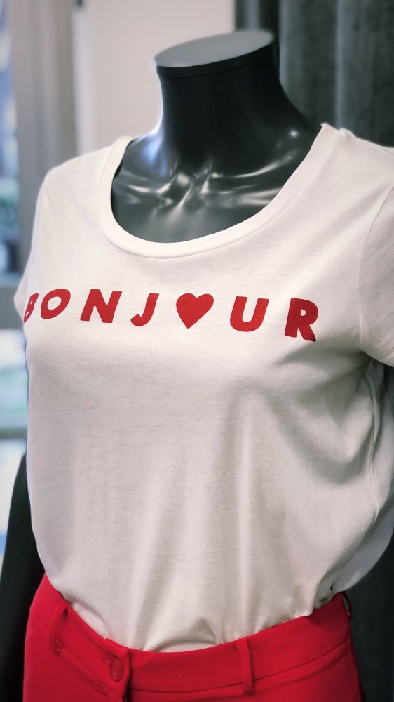 FRENCH WHITE tee-shirt french connection blanc écrito rouge « BONJOUR »