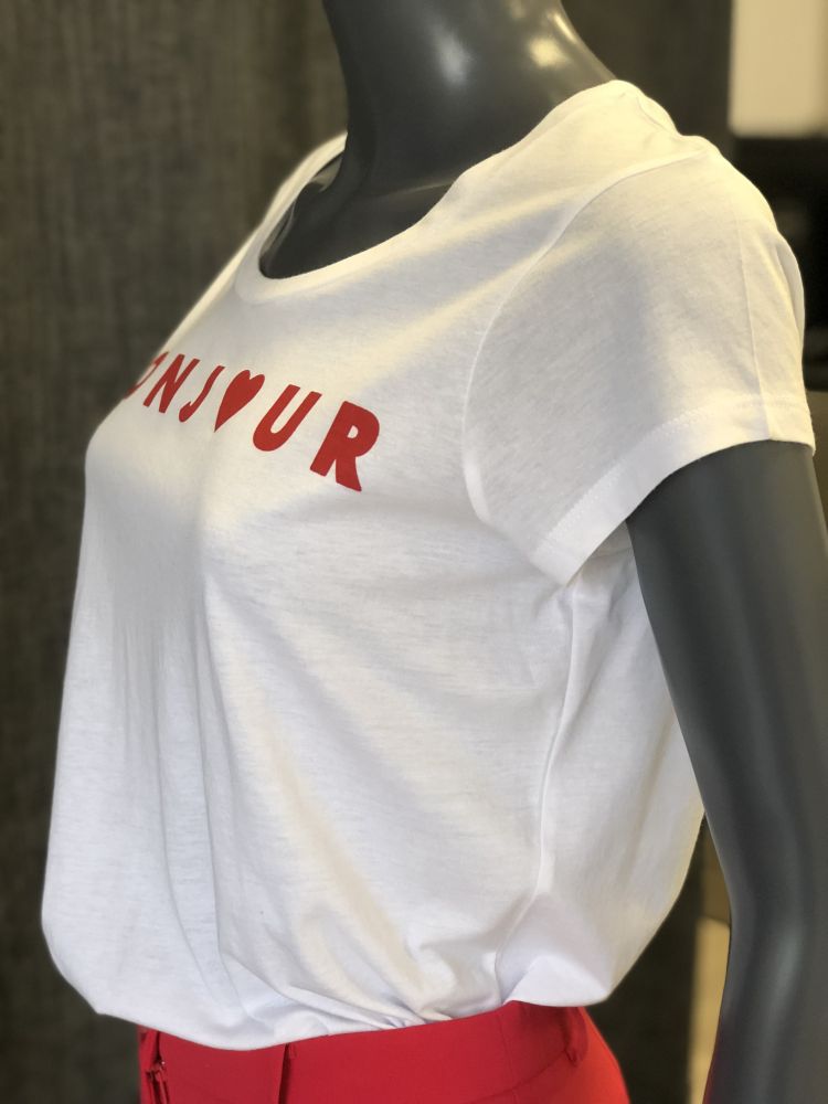 FRENCH WHITE tee-shirt french connection blanc écrito rouge « BONJOUR »