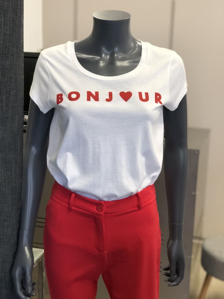 FRENCH WHITE tee-shirt french connection blanc écrito rouge « BONJOUR »